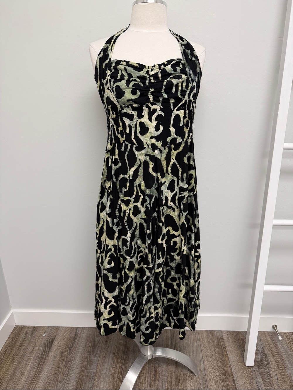 Bali Batik print halter dress , black, beads , size medium ,
